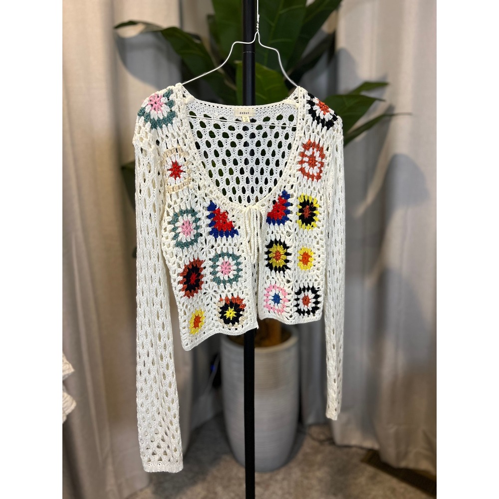 Debut Women Cream Multi Color Crochet Granny Square Floral Tie Front Cardigan XS